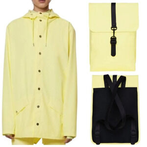 Rains men's Unisex Straw Mini Waterproof Backpack & Button Down Long Jacket XS